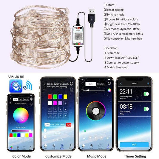 Cross-border LED copper wire light intelligent control mobile phone APP copper wire light string Bluetooth USB Christmas decoration light string